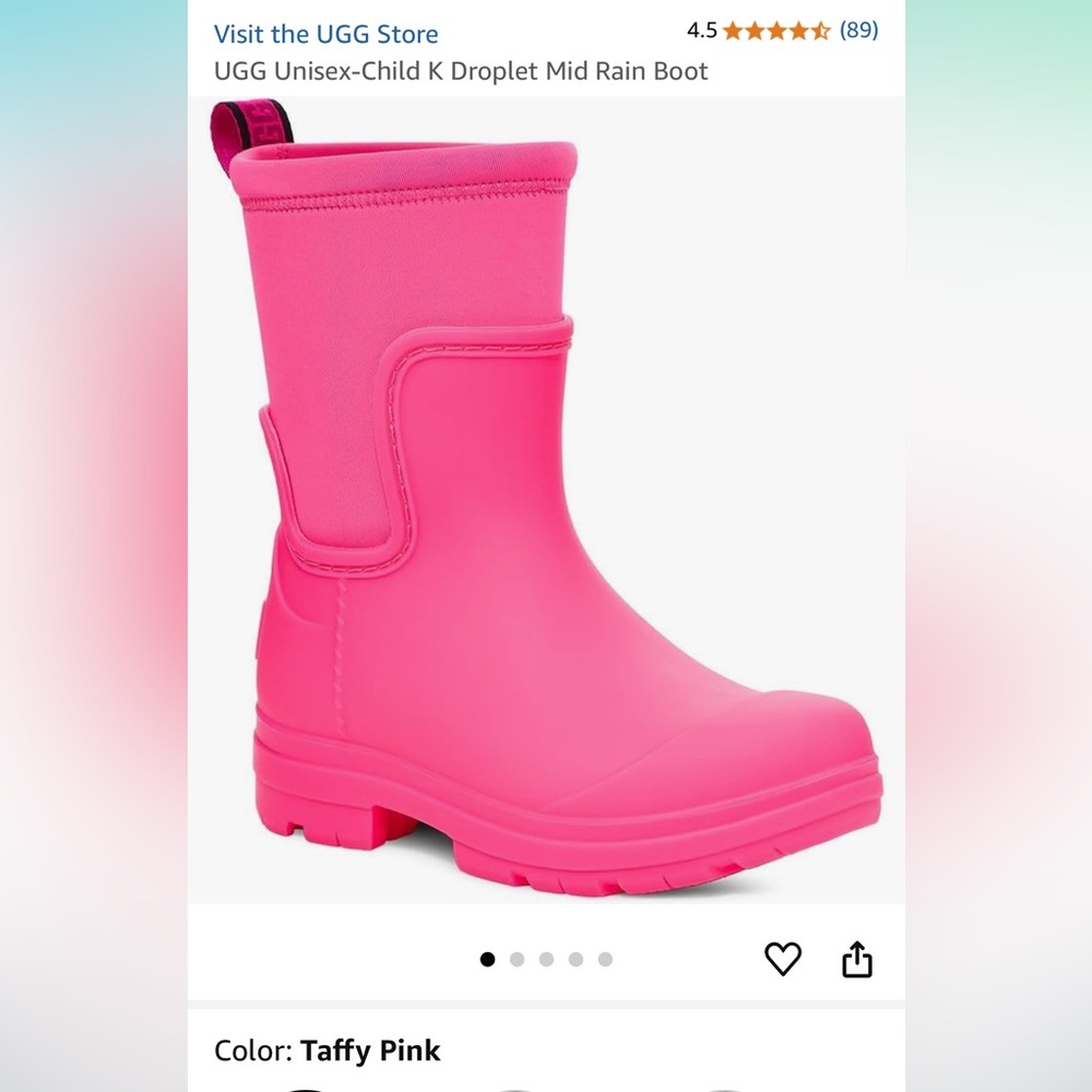 UGG droplet rain boot in “taffy pink”. Size USA 8/toddler. Only worn 3x’s!